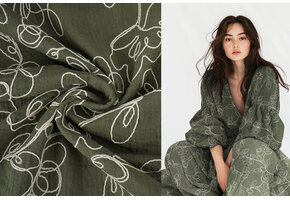 Double Gauze Embroidery Flowers Army Green