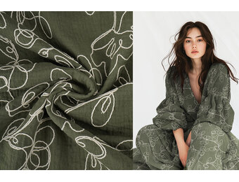 Double Gauze Embroidery Flowers Army Green