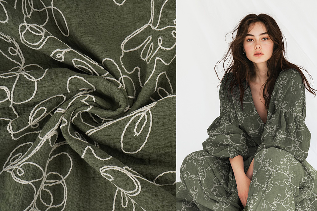 Hydrofiel Geborduurd Bloemen Army Groen