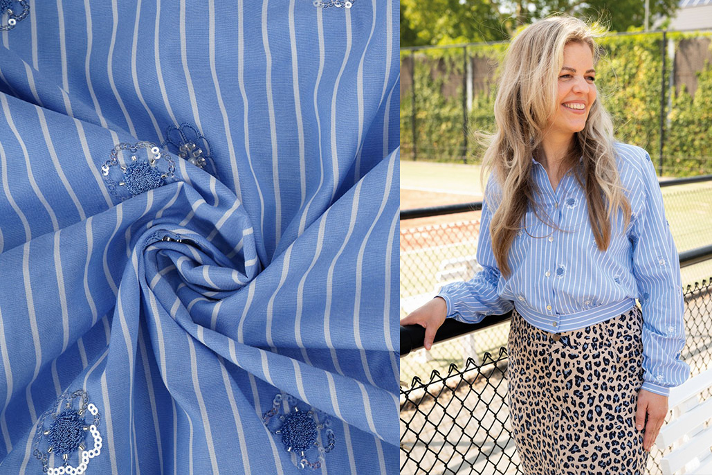 Cotton Stripes Sequins Flowers Blue