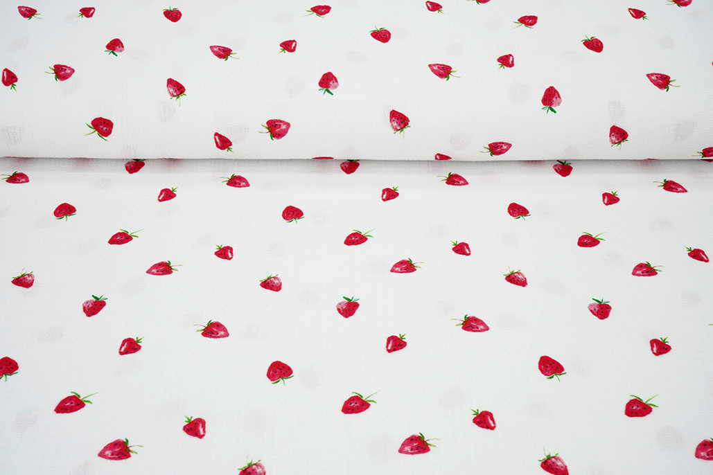 Baumwoll Musselin Erdbeere Weiß