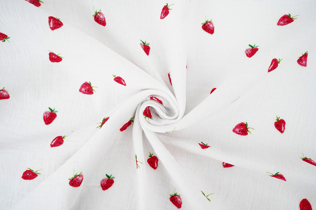Baumwoll Musselin Erdbeere Weiß