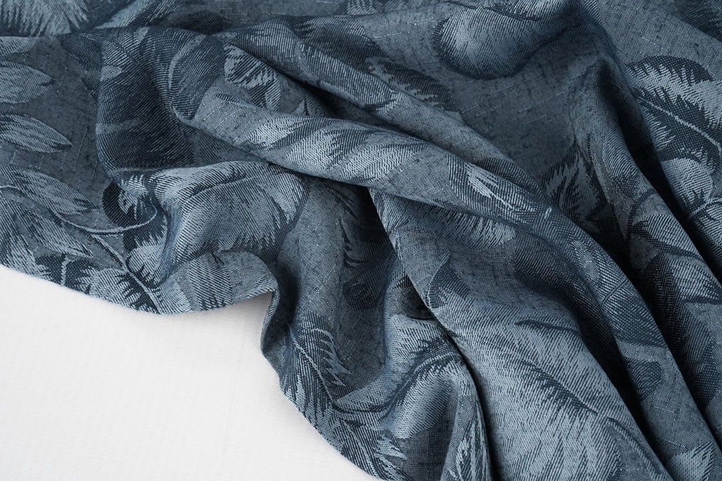 Viscose Jacquard Vintage Palm Leaves Jeans Blauw