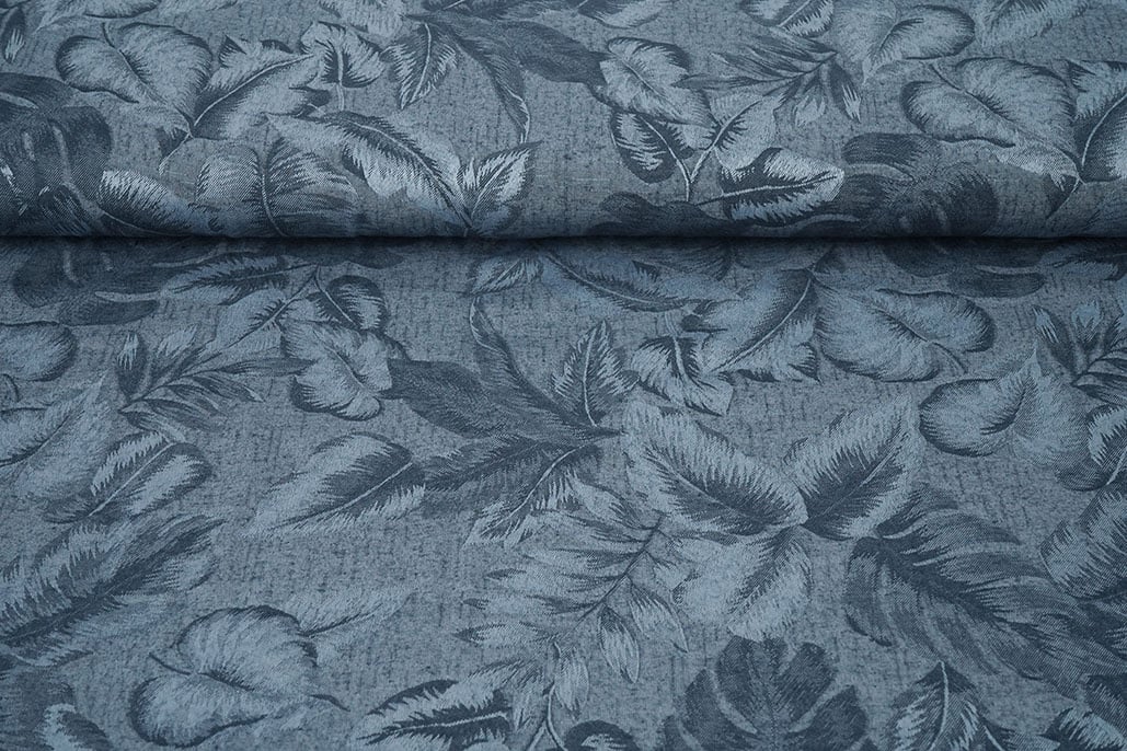 Viscose Jacquard Vintage Palm Leaves Jeans Blauw