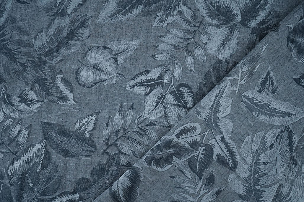 Viscose Jacquard Vintage Palm Leaves Jeans Blauw