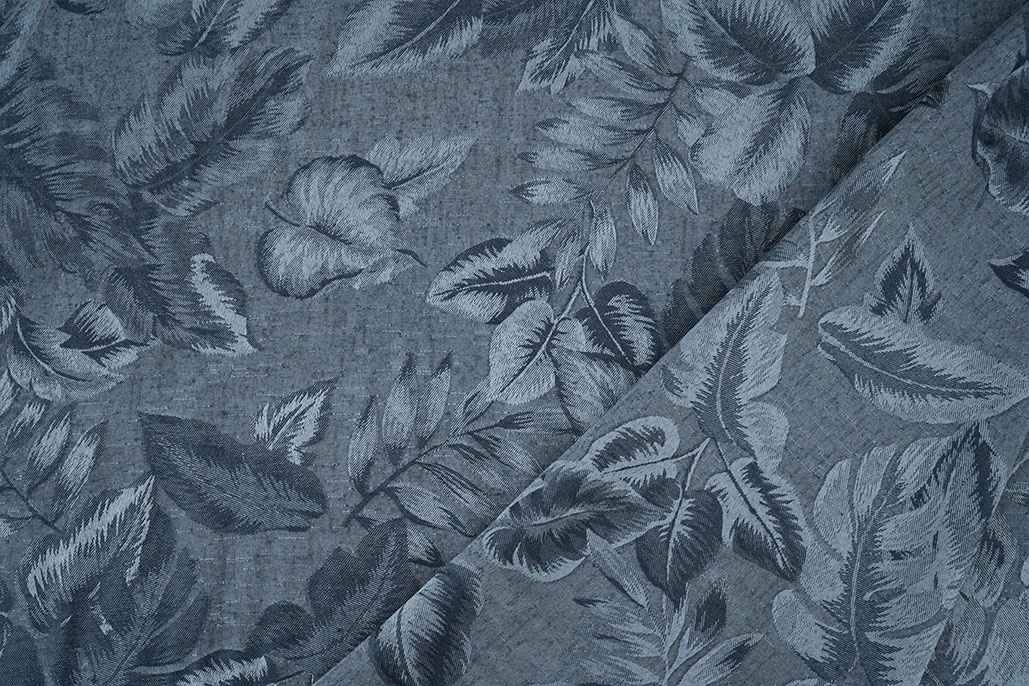 Viskose Jacquard Vintage Palm Leaves Jeans Blau