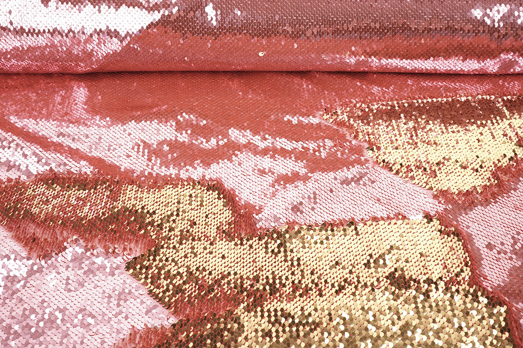 Omkeerbare Pailletten Stof Roze-Goud op Roze Satijn