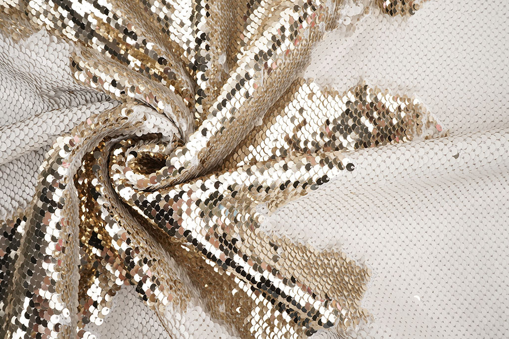 Reversible Sequin Fabric Matte White-Shiny Champagne on White Satin