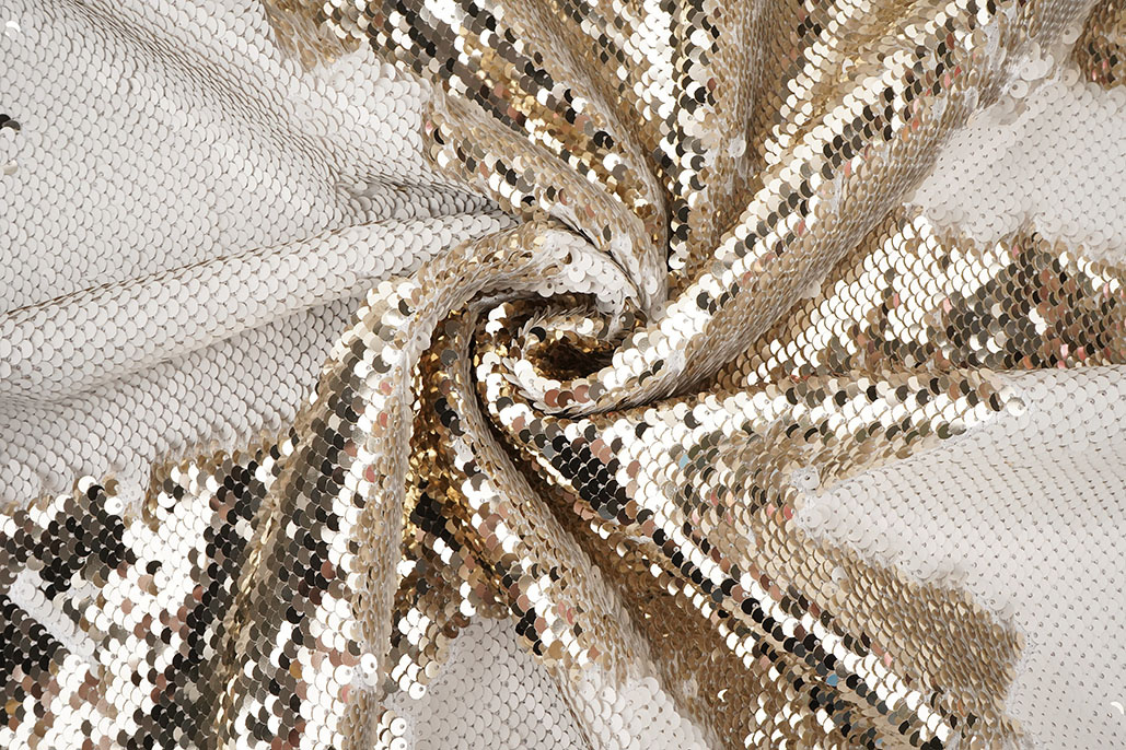 Reversibler Paillettenstoff Matt Weiß-Glanz Champagner auf Weiß Satin