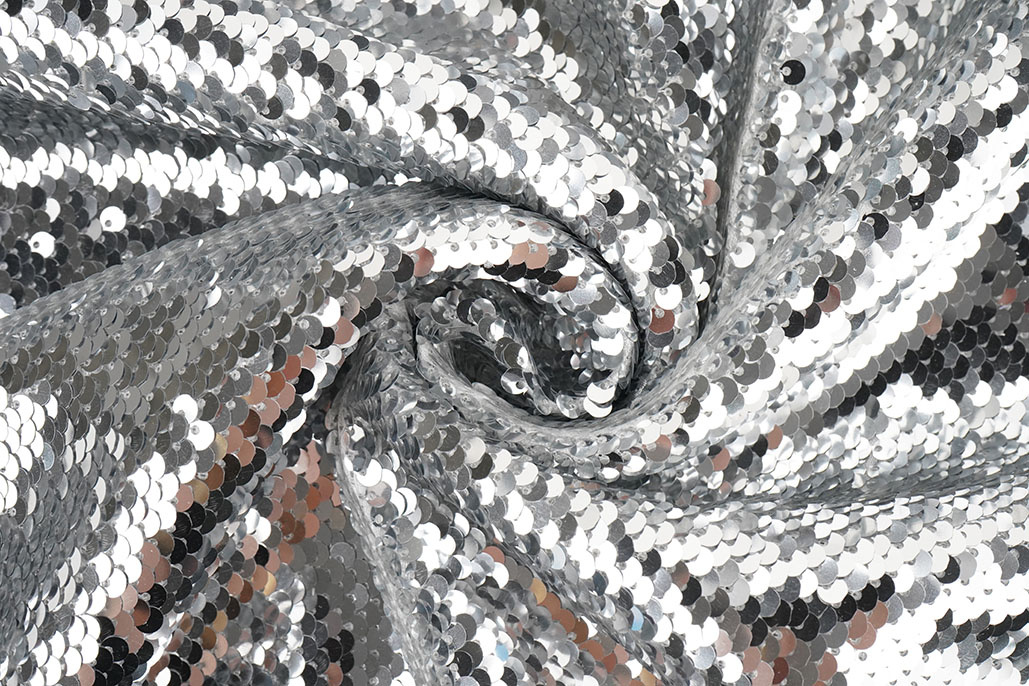 Sequin Fabric Silver on White Satin