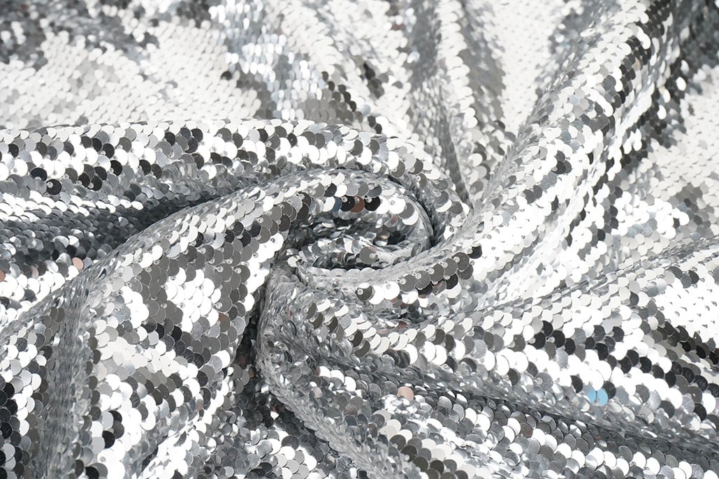 Reversible Sequin Fabric Silver -Silver on White Satin