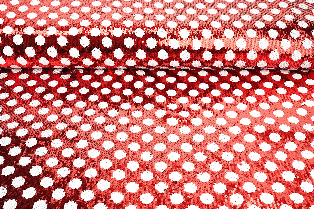 Omkeerbare Pailletten Stof Rood met Witte Stippen