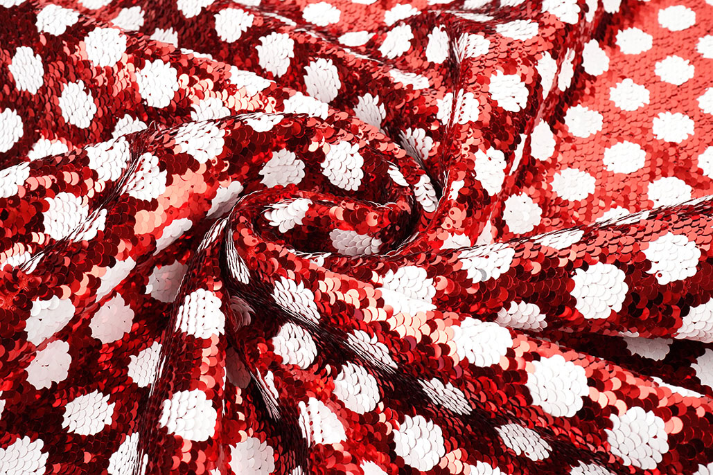 Omkeerbare Pailletten Stof Rood met Witte Stippen