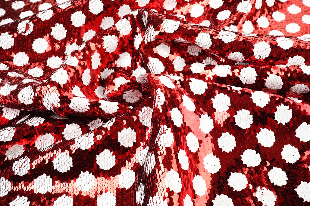 Reversibler Paillettenstoff Rot mit Weißen Punkten