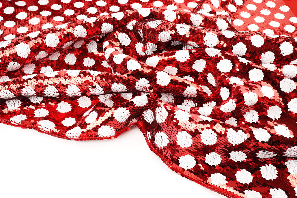 Reversibler Paillettenstoff Rot mit Weißen Punkten