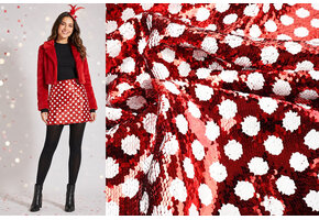 Reversibler Paillettenstoff Rot mit Weißen Punkten