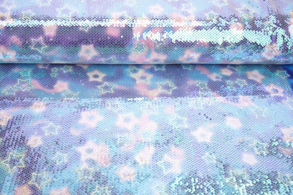 Sequin Fabric Pearlescent on Printed Satin Stars