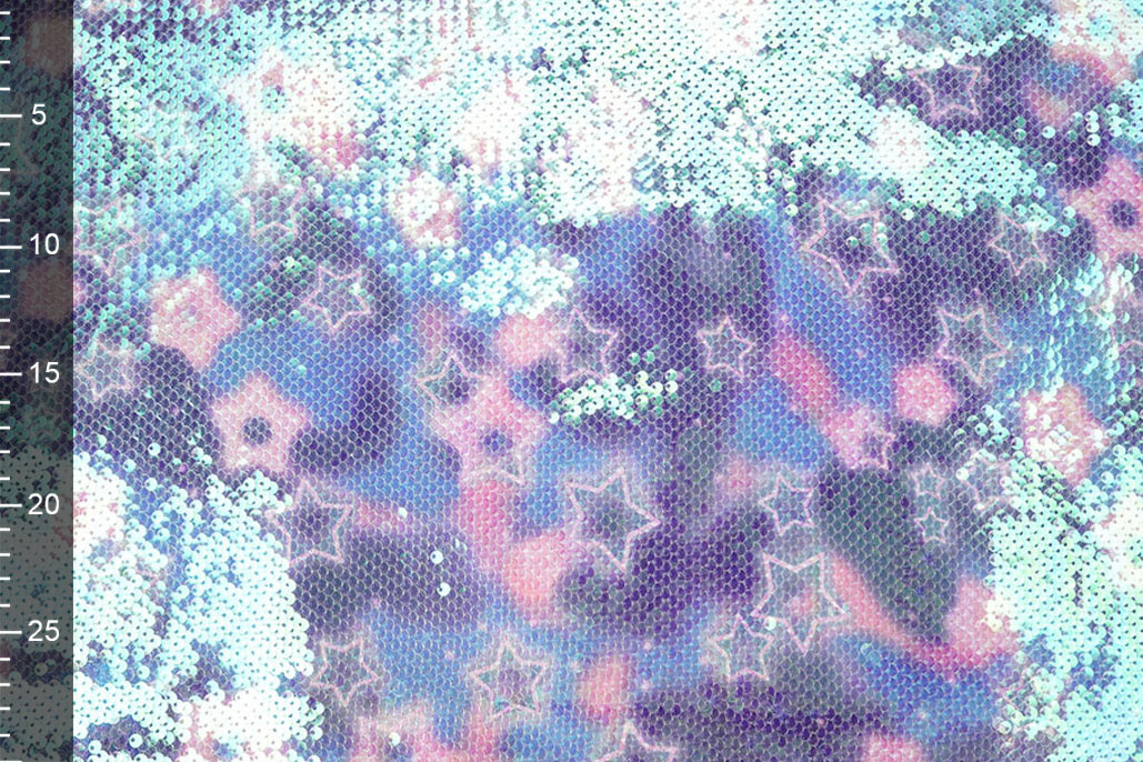 Sequin Fabric Pearlescent on Printed Satin Stars