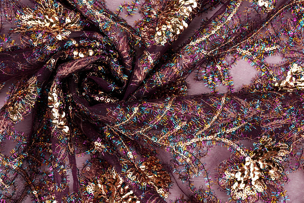 Mesh Geborduurd Pailletten Maharani Aubergine