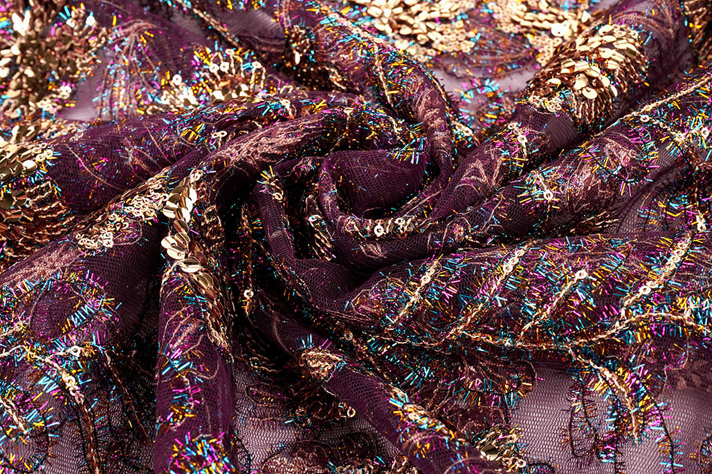 Mesh Geborduurd Pailletten Maharani Aubergine