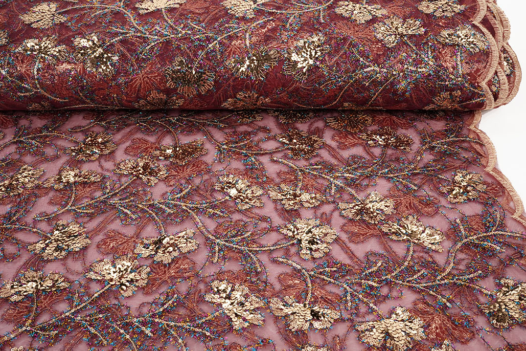 Netz Bestickt Pailletten Maharani Bordeaux