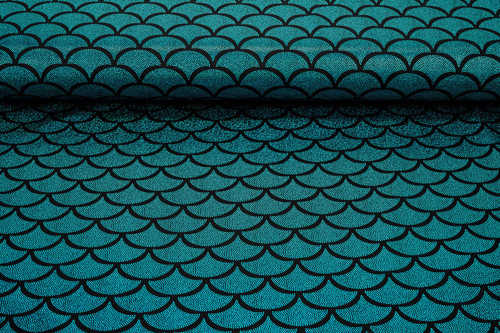 Lamé Mermaid Fantasy Aqua auf Schwarz