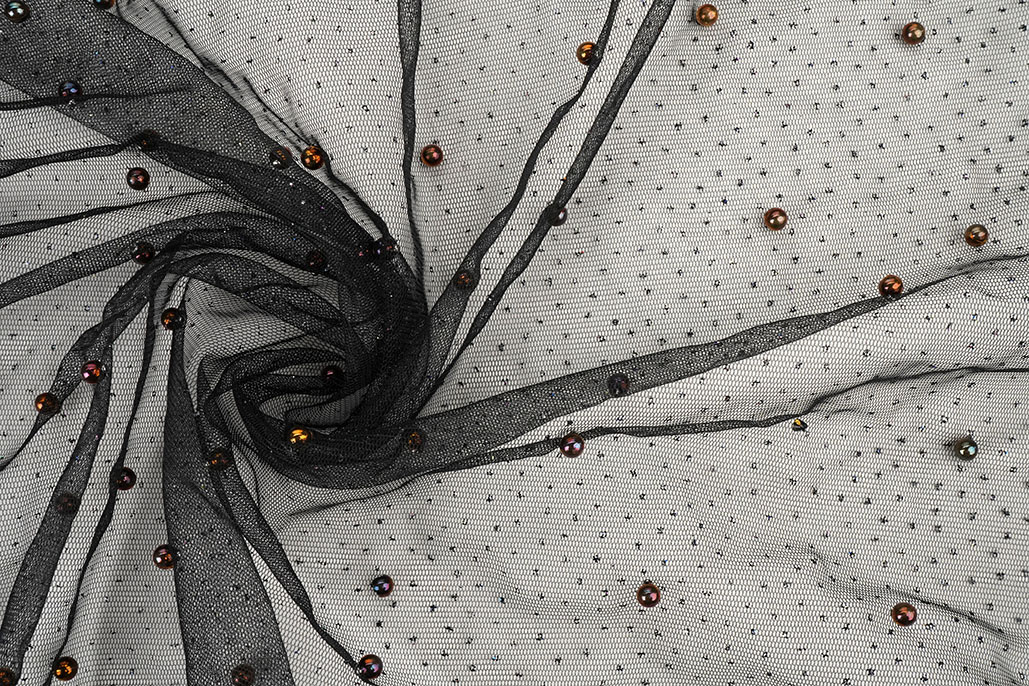 Fine Glitter Tulle with Pearls Black