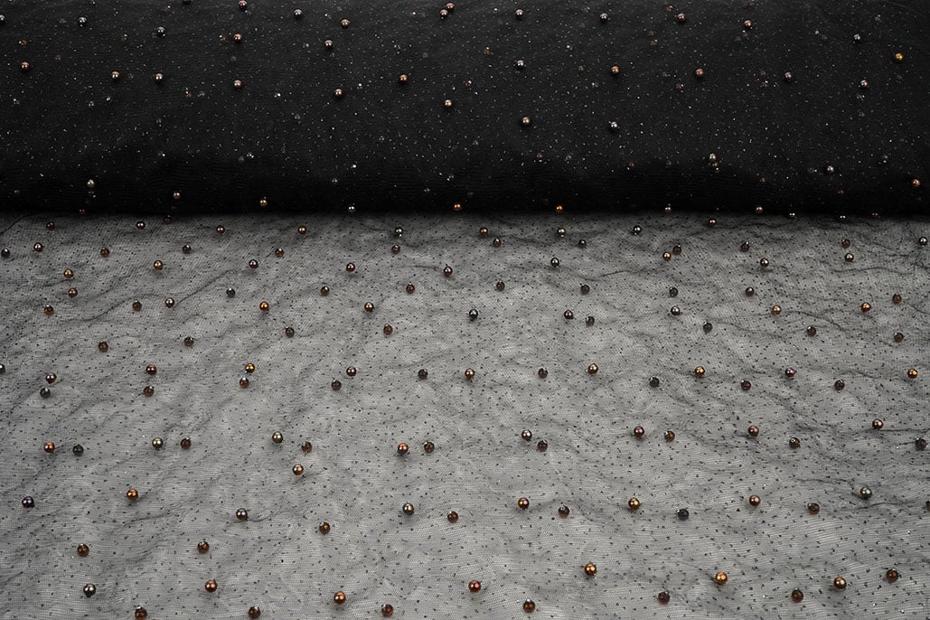 Fijne Glitter Tule met Parels Zwart