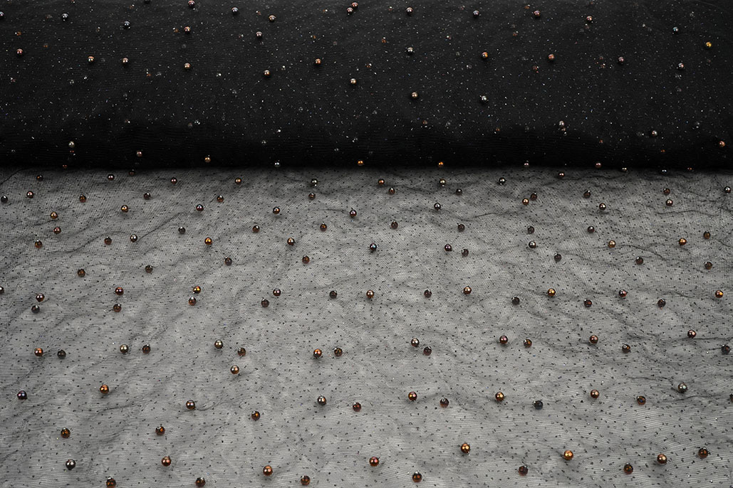 Fine Glitter Tulle with Pearls Black