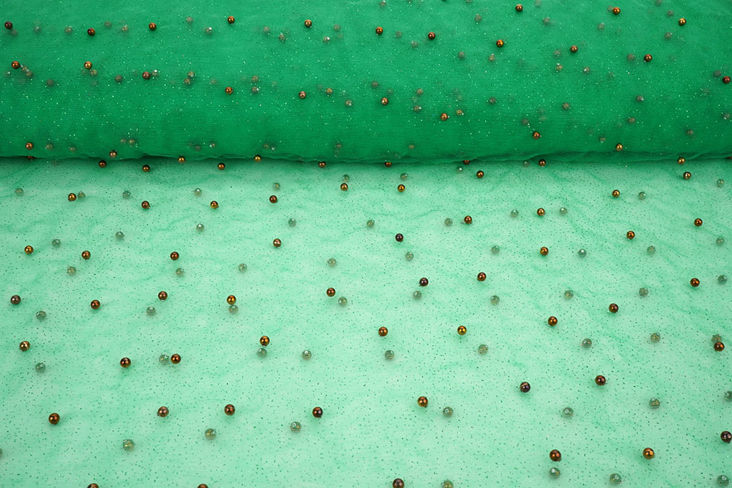 Fijne Glitter Tule met Parels Zeegroen