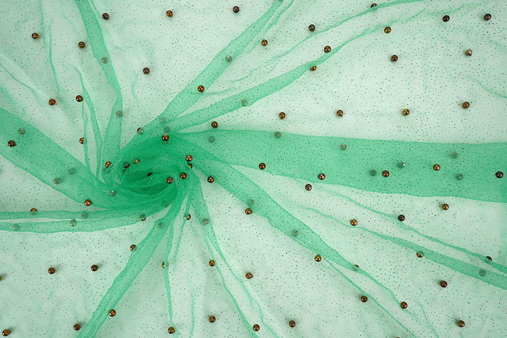 Fijne Glitter Tule met Parels Zeegroen
