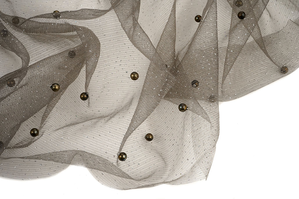 Fine Glitter Tulle with Pearls Grey Taupe