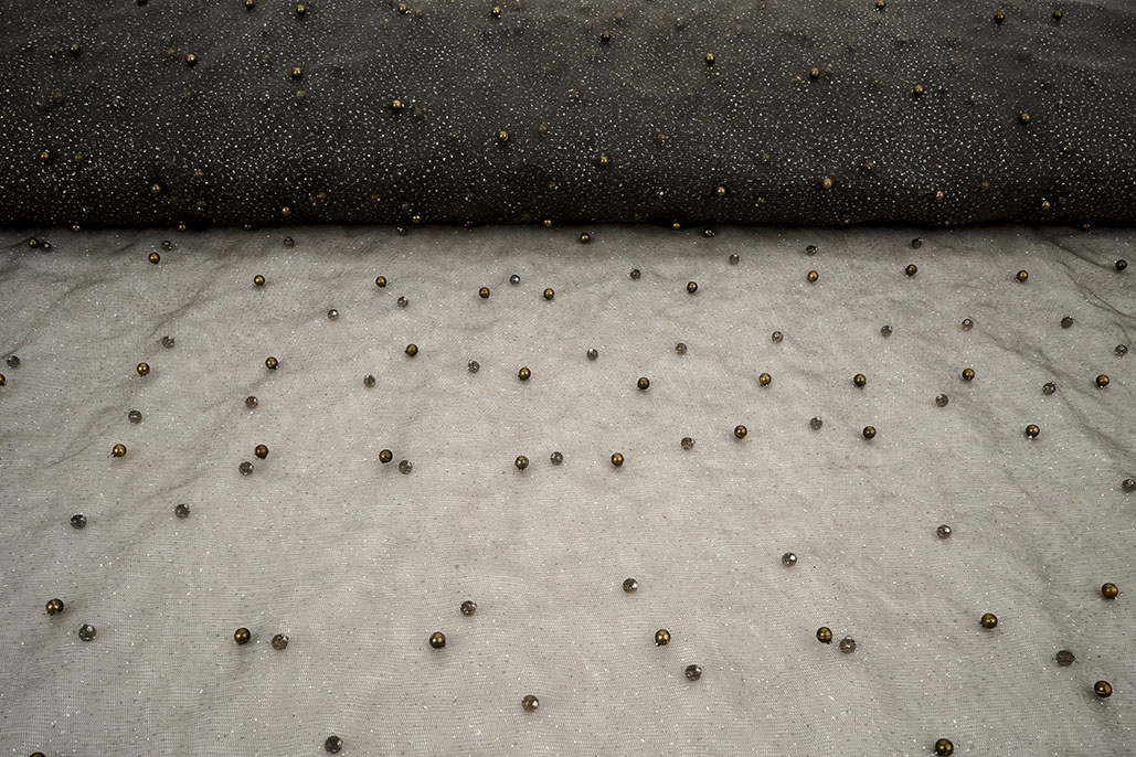 Fine Glitter Tulle with Pearls Grey Taupe