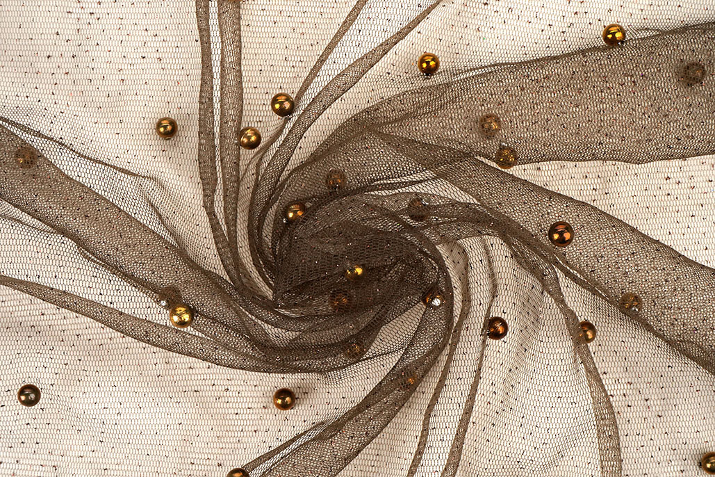 Fine Glitter Tulle with Pearls Brown