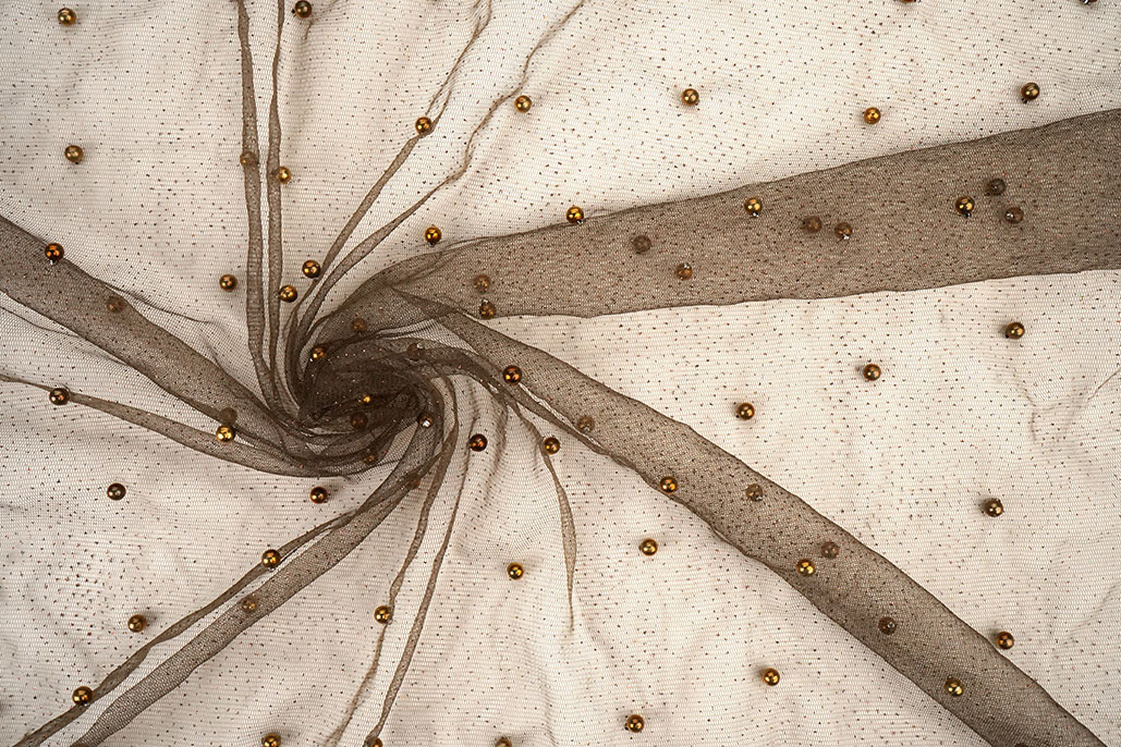 Fijne Glitter Tule met  Parels Bruin