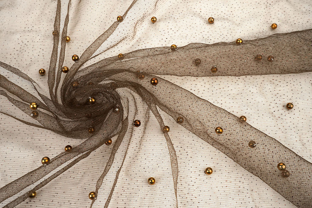 Fijne Glitter Tule met  Parels Bruin