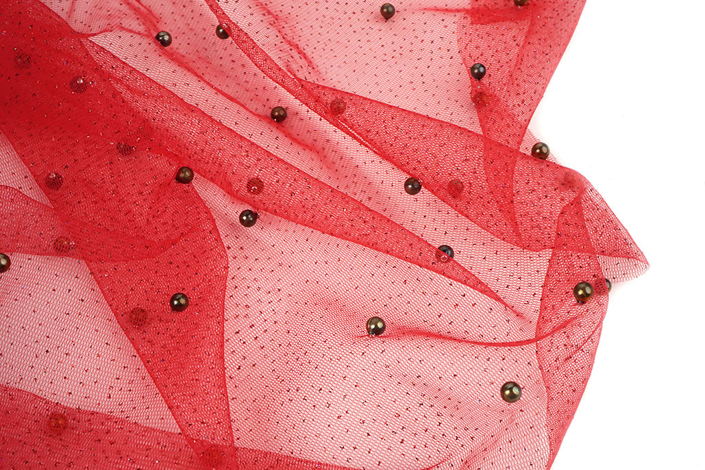 Fine Glitter Tulle with Pearls Red