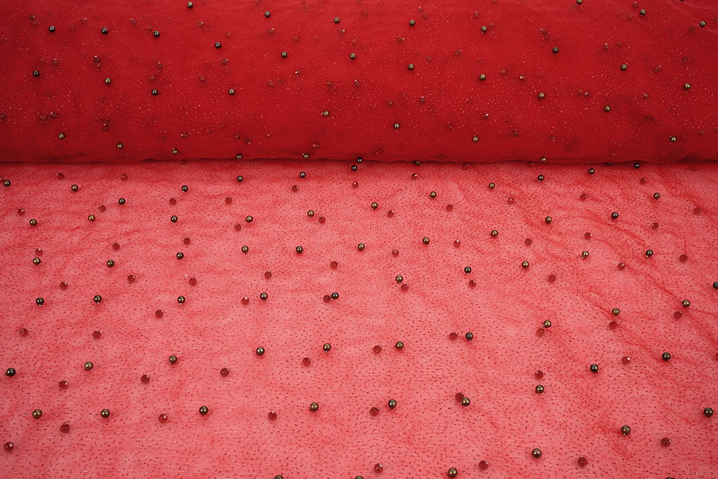 Fine Glitter Tulle with Pearls Red