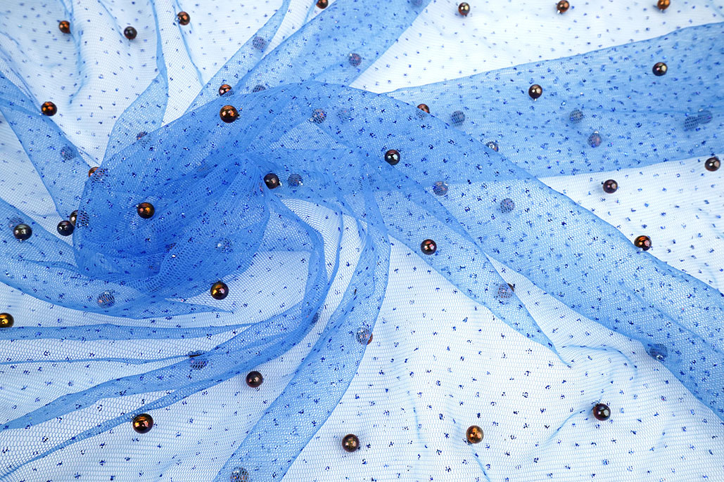 Fine Glitter Tulle with Pearls Royal Blue