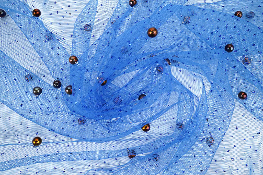Fine Glitter Tulle with Pearls Royal Blue