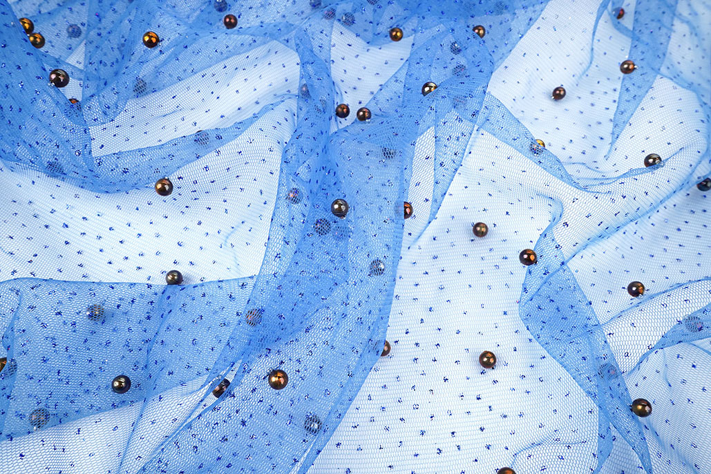 Fine Glitter Tulle with Pearls Royal Blue