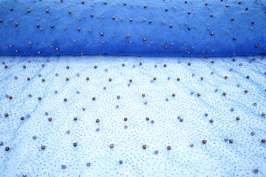 Fine Glitter Tulle with Pearls Royal Blue