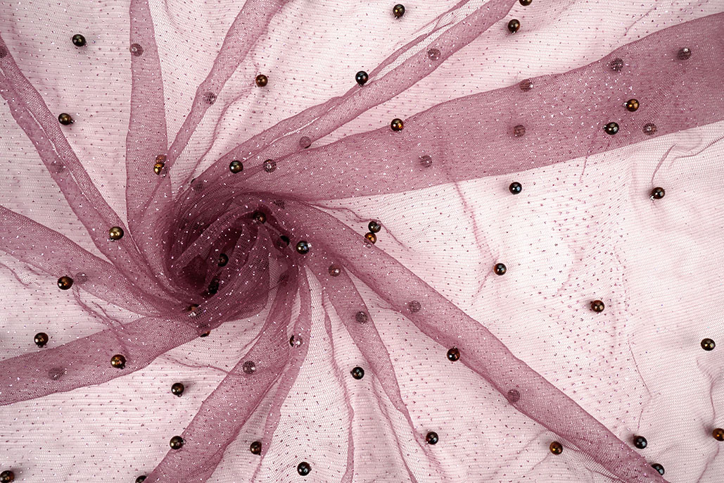 Fijne Glitter Tule met Parels Mauve