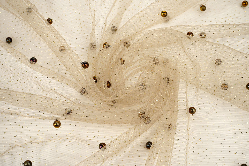 Fine Glitter Tulle with Pearls Beige
