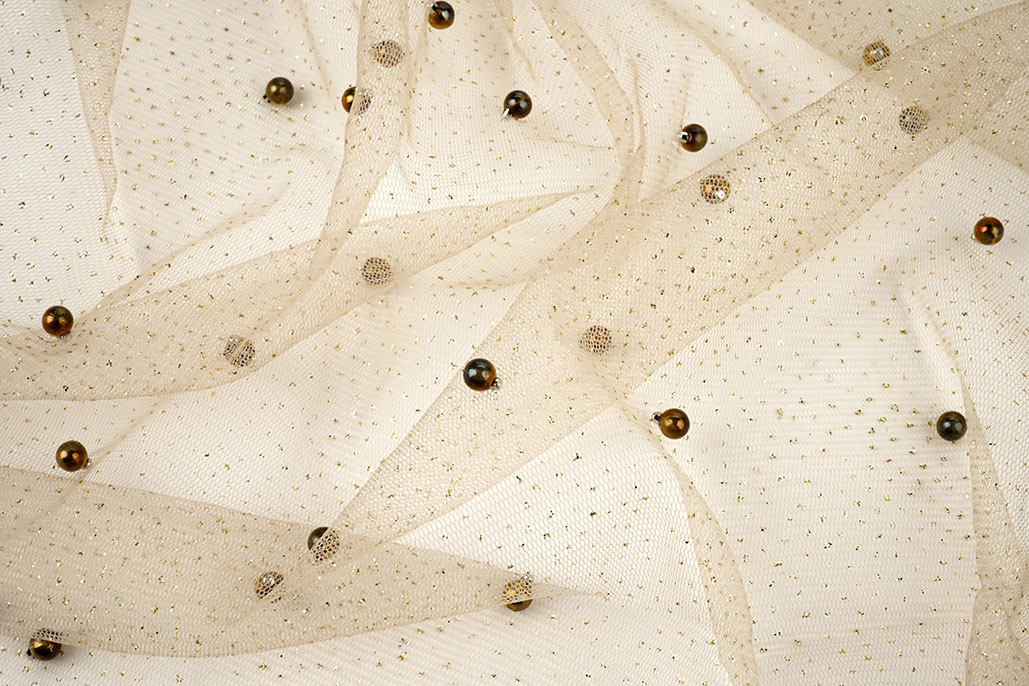 Feiner Glitzer Tüll mit Perlen Beige