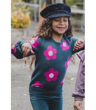 LOOXS Little Gebreide petrol trui  met roze  Bloem