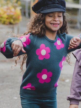 LOOXS Little Gebreide petrol trui  met roze  Bloem LOOXS Little Gebreide petrol trui  met roze  Bloem