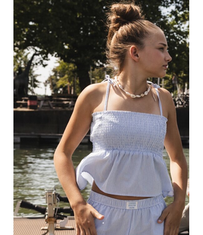 Strappless top seersucker Blauw / Wit