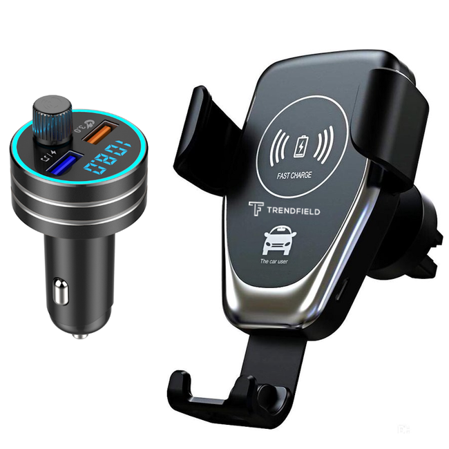 Trendfield FM Transmitter + Telefoonhouder Auto Draadloze Oplader - Bluetooth Carkit voor Muziek – Compleet Pakket