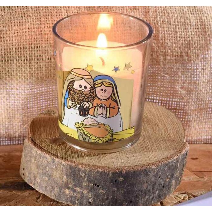 Kerststal met 3 geurkaarsen in glazen pot